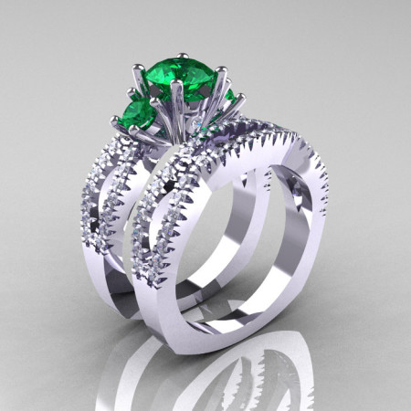 Modern French 14K White Gold Three Stone Emerald Diamond Engagement Ring Wedding Band Set R140S-14KWGDEM-1