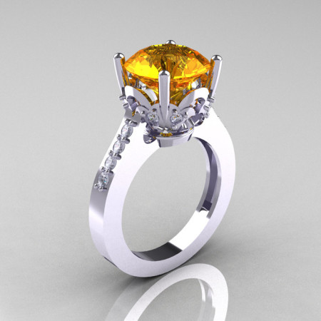 Classic 10K White Gold 3.0 Carat Citrine Diamond Solitaire Wedding Ring R301-10KWGDCI-1