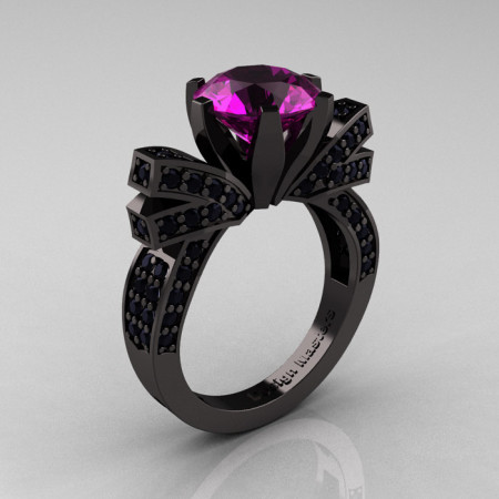 French 14K Black Gold 3.0 CT Amethyst Black Damond Engagement Ring Wedding Ring R382-14KBGBDAM-1