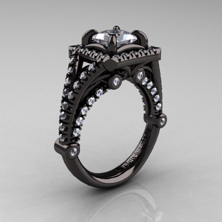 Modern Art Nouveau 14K Black Gold 1.23 Carat Princess Russian CZ and White Diamond Engagement Ring Wedding Ring R336-14KBGDCZ-1