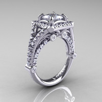 Modern Art Nouveau 14K White Gold 1.23 Carat Princess Russian CZ and White Diamond Engagement Ring Wedding Ring R336-14KWGDCZ-1