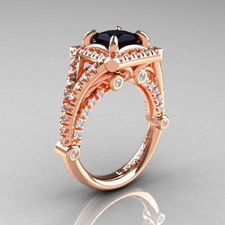 Modern Art Nouveau 14K Rose Gold 1.23 Carat Princess Black and White Diamond Engagement Ring Wedding Ring R336-14KRGDBD-1
