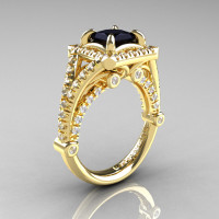 Modern Art Nouveau 14K Yellow Gold 1.23 Carat Princess Black and White Diamond Engagement Ring Wedding Ring R336-14KYGDBD-1