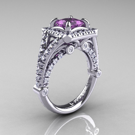 Modern Art Nouveau 14K White Gold 1.23 Carat Princess Lilac Amethyst Diamond Engagement Ring Wedding Ring R336-14KWGDLA-1