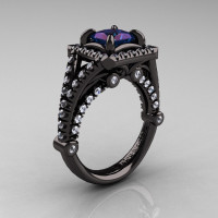 Modern Art Nouveau 14K Black Gold 1.23 Carat Princess Alexandrite White Diamond Engagement Ring Wedding Ring R336-14KBGDAL-1
