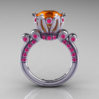 French Antique 14K White Gold 3.0 Carat Orange and Pink Sapphire Solitaire Wedding Ring Y235-14KWGPOS-1