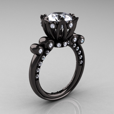 French Antique 14K Black Gold 3.0 Carat CZ Diamond Solitaire Wedding Ring Y235-14KBGDCZ-1