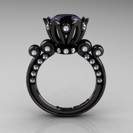 French Antique 14K Black Gold 3.0 Carat Black Moissanite Diamond Solitaire Wedding Ring Y235-14KBGDBO-1