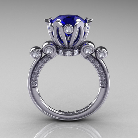 French Antique 14K White Gold 3.0 Carat Blue Sapphire Diamond Solitaire Wedding Ring Y235-14KWGDBS-1