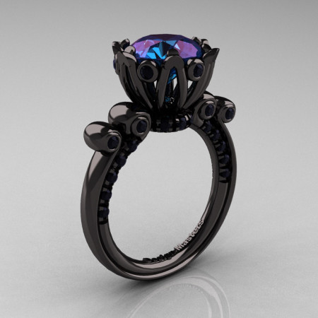 French Antique 14K Black Gold 3.0 CT Alexandrite Black Diamond Solitaire Wedding Ring Y235-14KBGBDAL-1