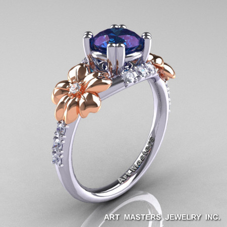 Nature Inspired 14K Two-Tone Gold 1.0 Ct Alexandrite Diamond Leaf and Vine Engagement Ring R245-14KTTWRGDAL-1