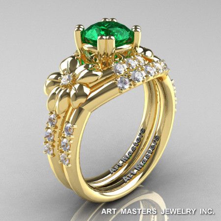 Nature Inspired 14K Yellow Gold 1.0 Ct Emerald Diamond Leaf and Vine Engagement Ring Wedding Band Set R245S-14KYGDEM-1