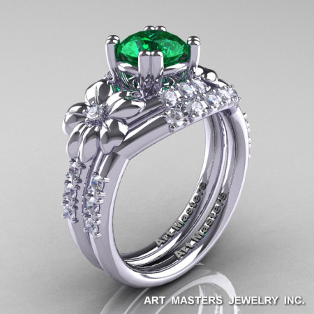 Nature Inspired 14K White Gold 1.0 Ct Emerald Diamond Leaf and Vine Engagement Ring Wedding Band Set R245S-14KWGDEM-1
