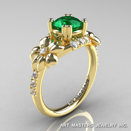 Nature Inspired 14K Yellow Gold 1.0 Ct Emerald Diamond Leaf and Vine Engagement Ring R245-14KYGDEM-1