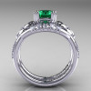 Nature Inspired 14K White Gold 1.0 Ct Emerald Diamond Leaf and Vine Engagement Ring Wedding Band Set R245S-14KWGDEM-2