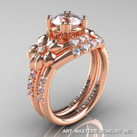 Nature Inspired 14K Rose Gold 1.0 Ct Russian CZ Diamond Leaf and Vine Engagement Ring Wedding Band Set R245S-14KRGDCZ-1