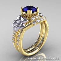 Nature Inspired 14K Yellow Two-Tone White Gold 1.0 Ct Blue Sapphire Diamond Leaf and Vine Engagement Ring Wedding Band Set R245S-14KYTTEGDBS-1