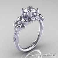 Nature Inspired 14K White Gold 1.0 Ct Russian CZ Diamond Leaf and Vine Engagement Ring R245-14KWGDCZ-1