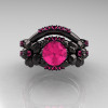 Nature Inspired 14K Black Gold 1.0 Ct Pink Sapphire Leaf and Vine Engagement Ring Wedding Band Set R245S-14KBGPS-3