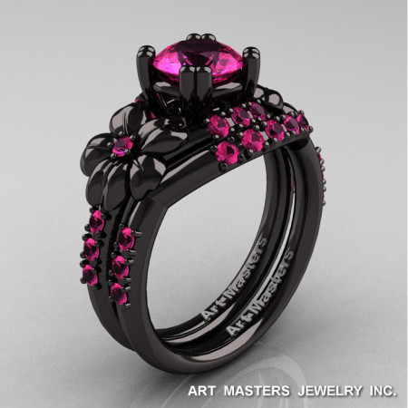 Nature Inspired 14K Black Gold 1.0 Ct Pink Sapphire Leaf and Vine Engagement Ring Wedding Band Set R245S-14KBGPS-1