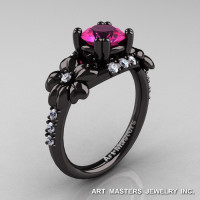 Nature Inspired 14K Black Gold 1.0 Ct Pink Sapphire Diamond Leaf and Vine Engagement Ring R245-14KBGDPS-1