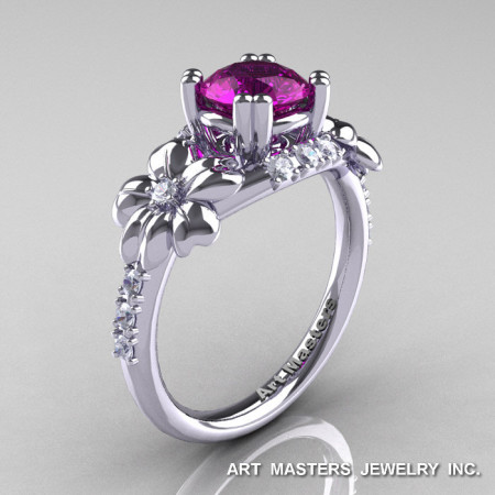 Nature Inspired 14K White Gold 1.0 Ct Amethyst Diamond Leaf and Vine Engagement Ring R245-14KWGDAM-1