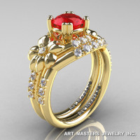Nature Inspired 14K Yellow Gold 1.0 Ct Ruby Diamond Leaf and Vine Engagement Ring Wedding Band Set R245S-14KYGDR-1