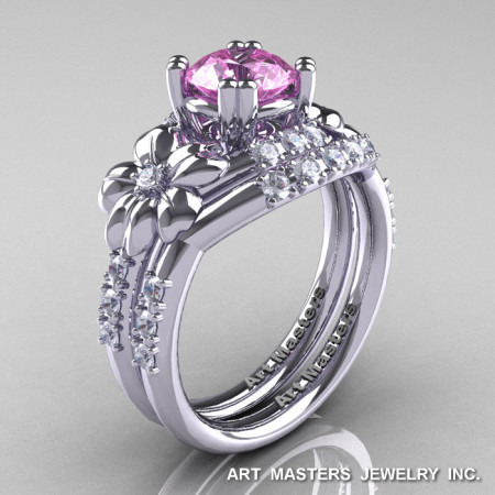 Nature Inspired 14K White Gold 1.0 Ct Light Pink Sapphire Diamond Leaf and Vine Engagement Ring Wedding Band Set R245S-14KWGDLPS-1