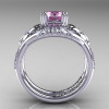 Nature Inspired 14K White Gold 1.0 Ct Light Pink Sapphire Diamond Leaf and Vine Engagement Ring Wedding Band Set R245S-14KWGDLPS-2