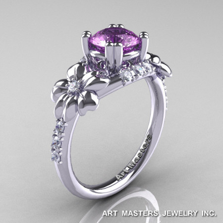 Nature Inspired 14K White Gold 1.0 Ct Lilac Amethyst Diamond Leaf and Vine Engagement Ring R245-14KWGDLAM-1