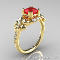 Nature Inspired 14K Yellow Gold 1.0 Ct Ruby Diamond Leaf and Vine Engagement Ring R245-14KYGDR-1