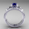 Nature Inspired 14K White Gold 1.0 Ct Blue Sapphire Diamond Leaf and Vine Engagement Ring Wedding Band Set R245S-14KWGDBS-2