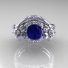 Nature Inspired 14K White Gold 1.0 Ct Blue Sapphire Diamond Leaf and Vine Engagement Ring Wedding Band Set R245S-14KWGDBS-3