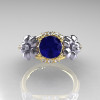 Nature Inspired 14K Yellow Two-Tone White Gold 1.0 Ct Blue Sapphire Diamond Leaf and Vine Engagement Ring R245-14KYTTWGDBS-3