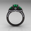 French 14K Black Gold Three Stone Emerald Diamond Wedding Ring Engagement Ring R182-14KBGDEM-2