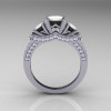 French 14K White Gold Three Stone White Agate Diamond Engagement Ring R182-14KWGDWA-2