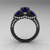 French 14K Black Gold Three Stone Blue Sapphire Diamond Wedding Ring Engagement Ring R182-14KBGDBS-2