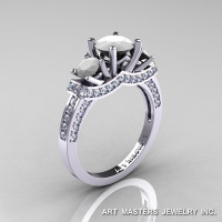 French 14K White Gold Three Stone White Agate Diamond Engagement Ring R182-14KWGDWA-1