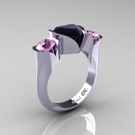 Nature Classic 10K White Gold 2.0 Ct Heart Black Diamond Light Pink Sapphire Three Stone Floral Engagement Ring Wedding Ring R434-10KWGLPSBD-1