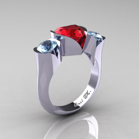 Nature Classic 10K White Gold 2.0 Ct Heart Ruby Aquamarine Three Stone Floral Engagement Ring Wedding Ring R434-10KWGAQR-1