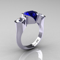 Nature Classic 10K White Gold 2.0 Ct Heart Blue and White Sapphire Three Stone Floral Engagement Ring Wedding Ring R434-10KWGWSBS-1