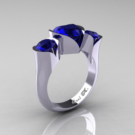 Nature Classic 10K White Gold 2.0 Ct Heart Blue Sapphire Three Stone Floral Engagement Ring Wedding Ring R434-10KWGBS-1