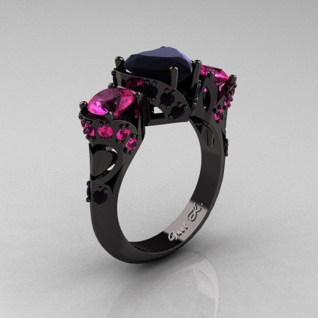 Scandinavian 14K Black Gold 2.0 Ct Heart Black Diamond Pink Sapphire Three Stone Designer Engagement Ring R434M-14KBGPSBD-1