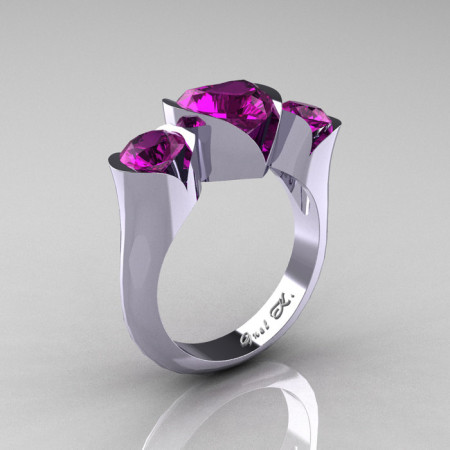 Nature Classic 10K White Gold 2.0 Ct Heart Amethyst Three Stone Floral Engagement Ring Wedding Ring R434-10KWGAM-1