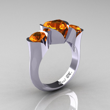 Nature Classic 10K White Gold 2.0 Ct Heart Orange Sapphire Three Stone Floral Engagement Ring Wedding Ring R434-10KWGOS-1