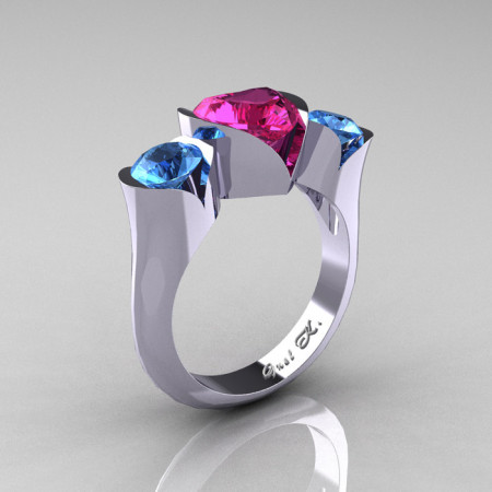Nature Classic 10K White Gold 2.0 Ct Heart Pink Sapphire Blue Topaz Three Stone Floral Engagement Ring Wedding Ring R434-10KWGBTPS-1