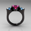 Nature Classic 14K Black Gold 2.0 Ct Heart Pink Sapphire Blue Topaz Three Stone Floral Engagement Ring Wedding Ring R434-14KBGBTPS-2