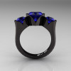 Nature Classic 14K Black Gold 2.0 Ct Heart Blue Sapphire Three Stone Floral Engagement Ring Wedding Ring R434-14KBGBS-2