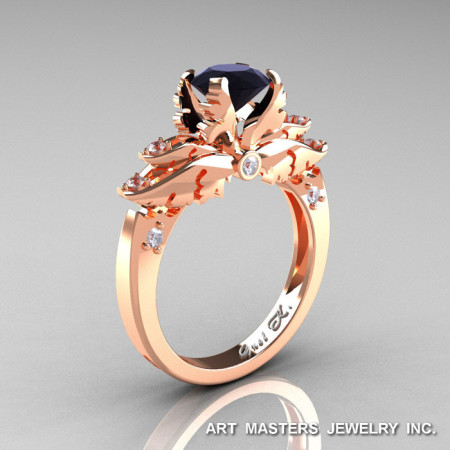 Classic 14K Rose Gold 1.0 Ct Black and White Diamond Solitaire Engagement Ring R482-14KRGDBD-1