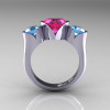 Nature Classic 10K White Gold 2.0 Ct Heart Pink Sapphire Blue Topaz Three Stone Floral Engagement Ring Wedding Ring R434-10KWGBTPS-2